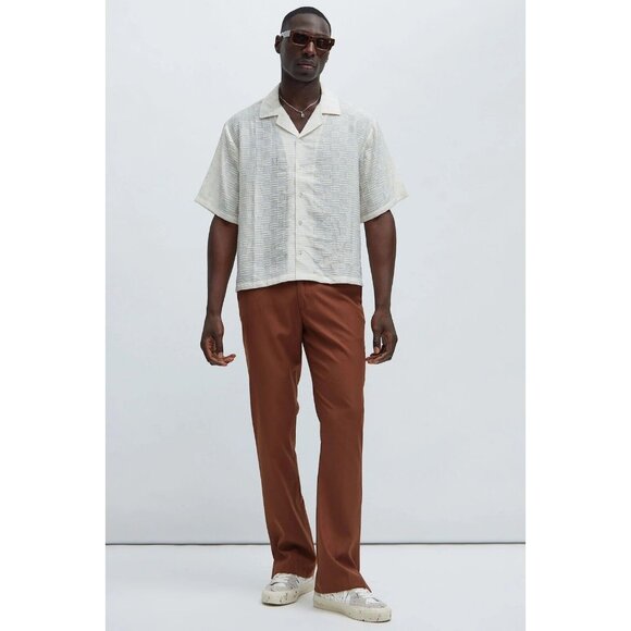 Alabastar Jacquard Button Up Short Sleeve Shirt Cream Men's - Picture 2 of 7